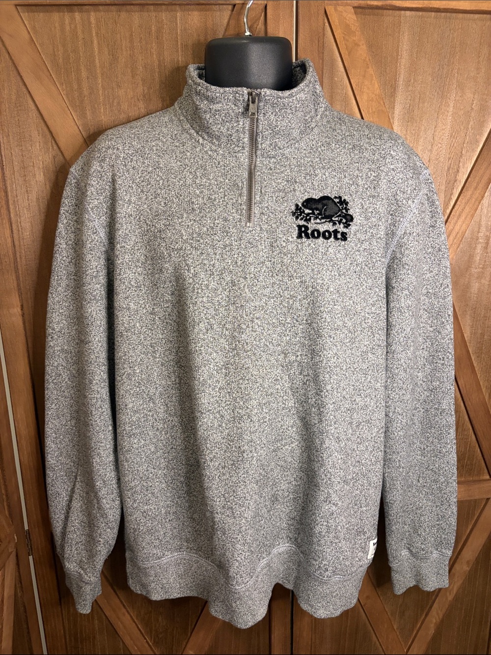 ROOTS CANADA Grey Marled Quarter-Zip Sweatshirt Beaver Logo SIZE XL